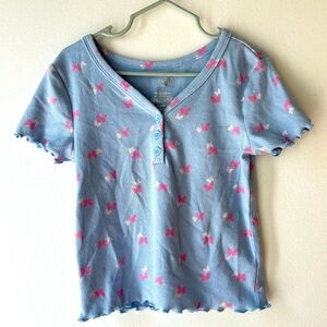 🌼 5/$25 Girls Butterfly Lettuce Hem Ribbed Henley Tee Shirt Size 6 Blue Pink